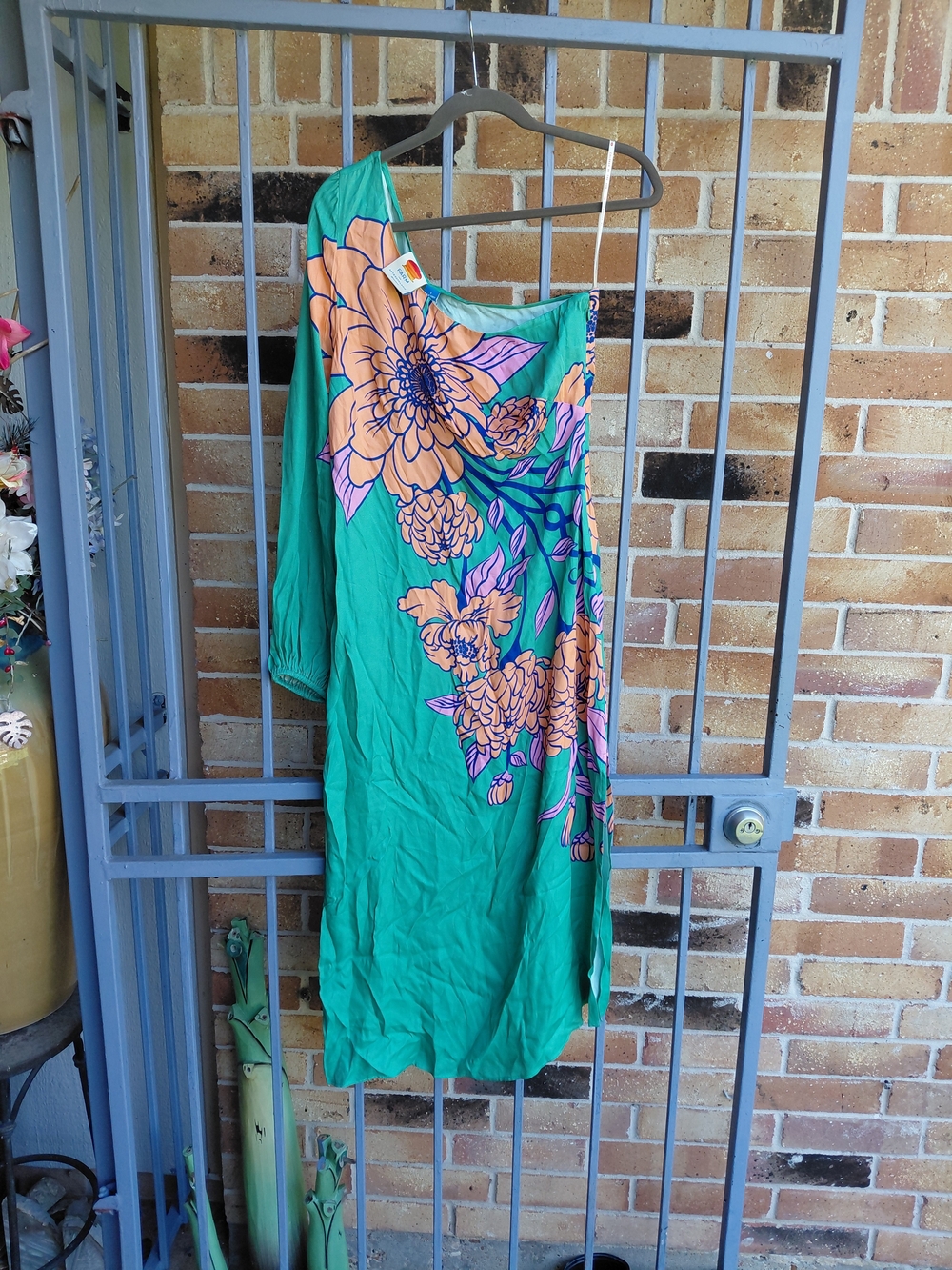 FARM Rio Peach Dress with Bold Blue Floral and Green Trim ( Long 50")